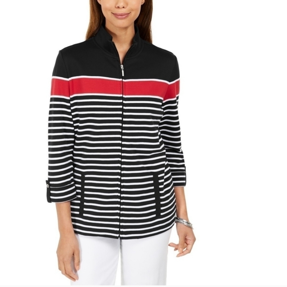 Karen Scott Women's Printed Mock Neck Jacket Black Size 2X